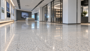 Finished epoxy colored sand flooring in a commercial interior